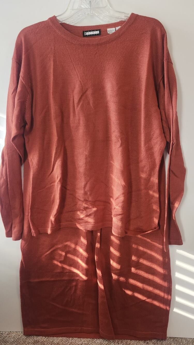 Vtg E Style Spiegel Wool Blend Knit 2 Piece Set Top Skirt Terracotta Rust L #311